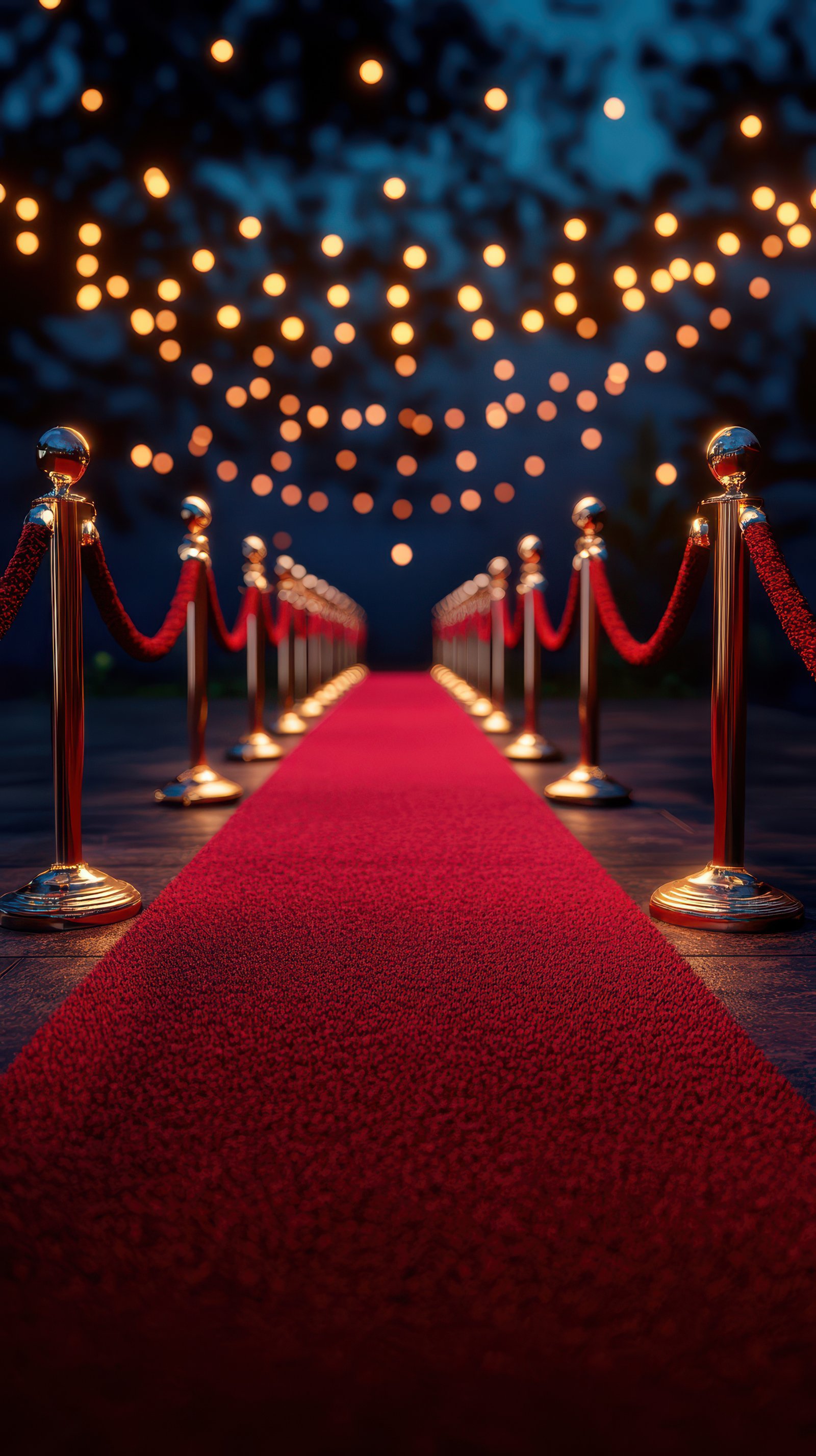 Elegant red carpet leading to a beautifully lit outdoor venue at night